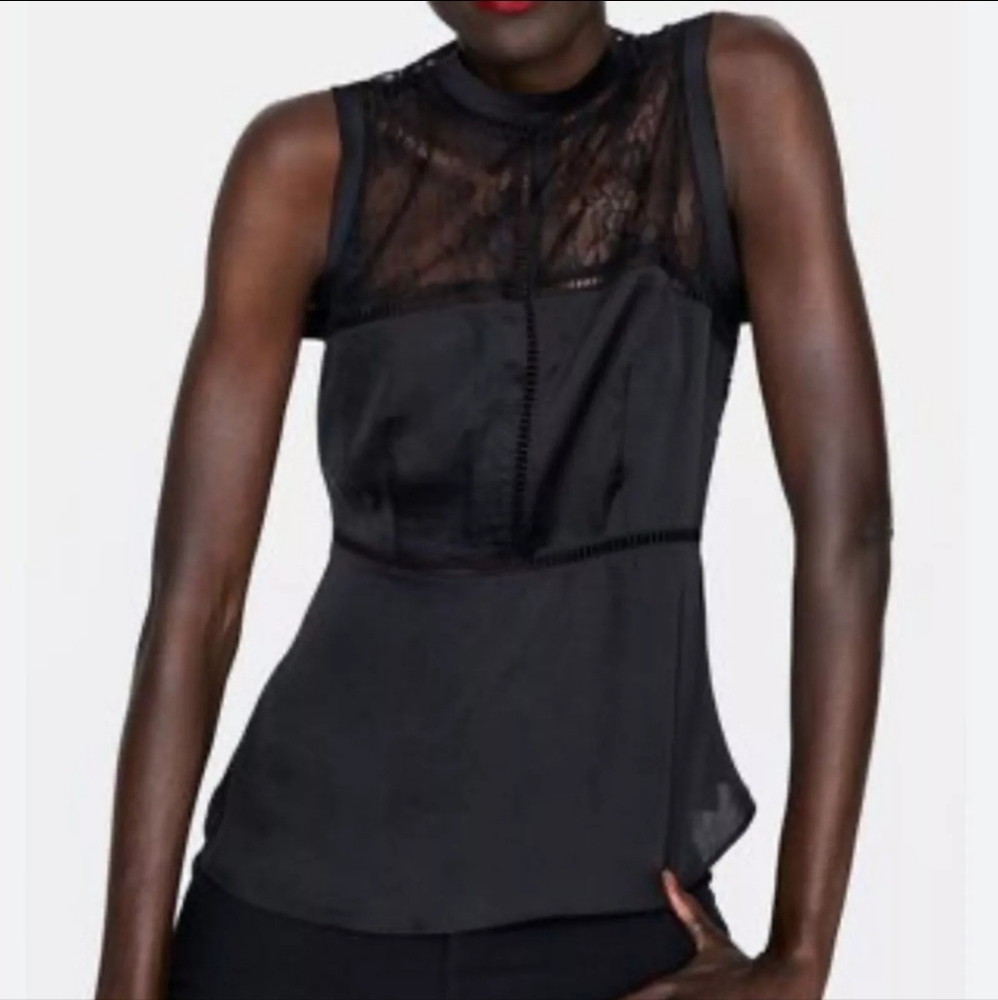 Zara Black Sleeveless Lace Yoke Top